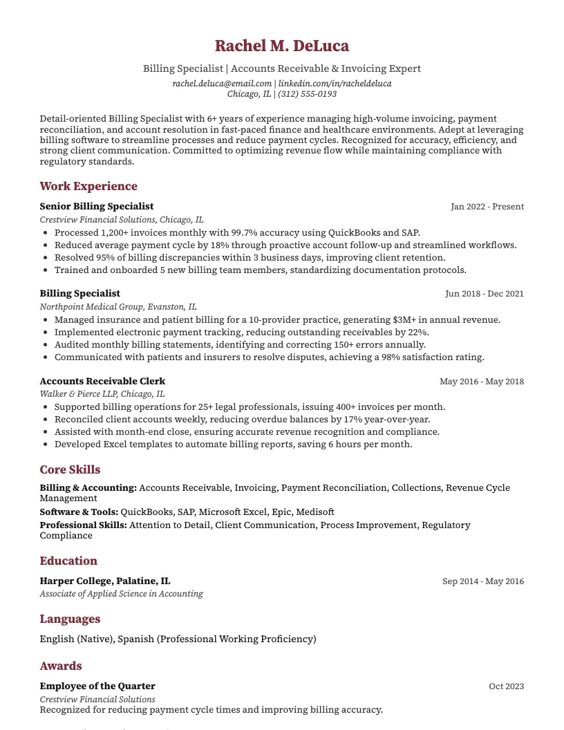 Billing Clerk Resume Example