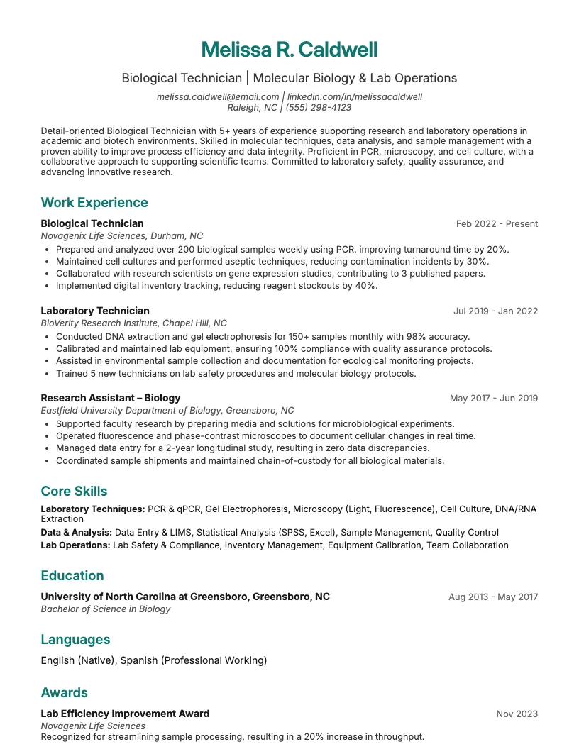 Biology Lab Technician Resume Example