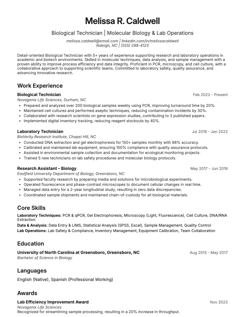 Medical Laboratory Technician Resume Example