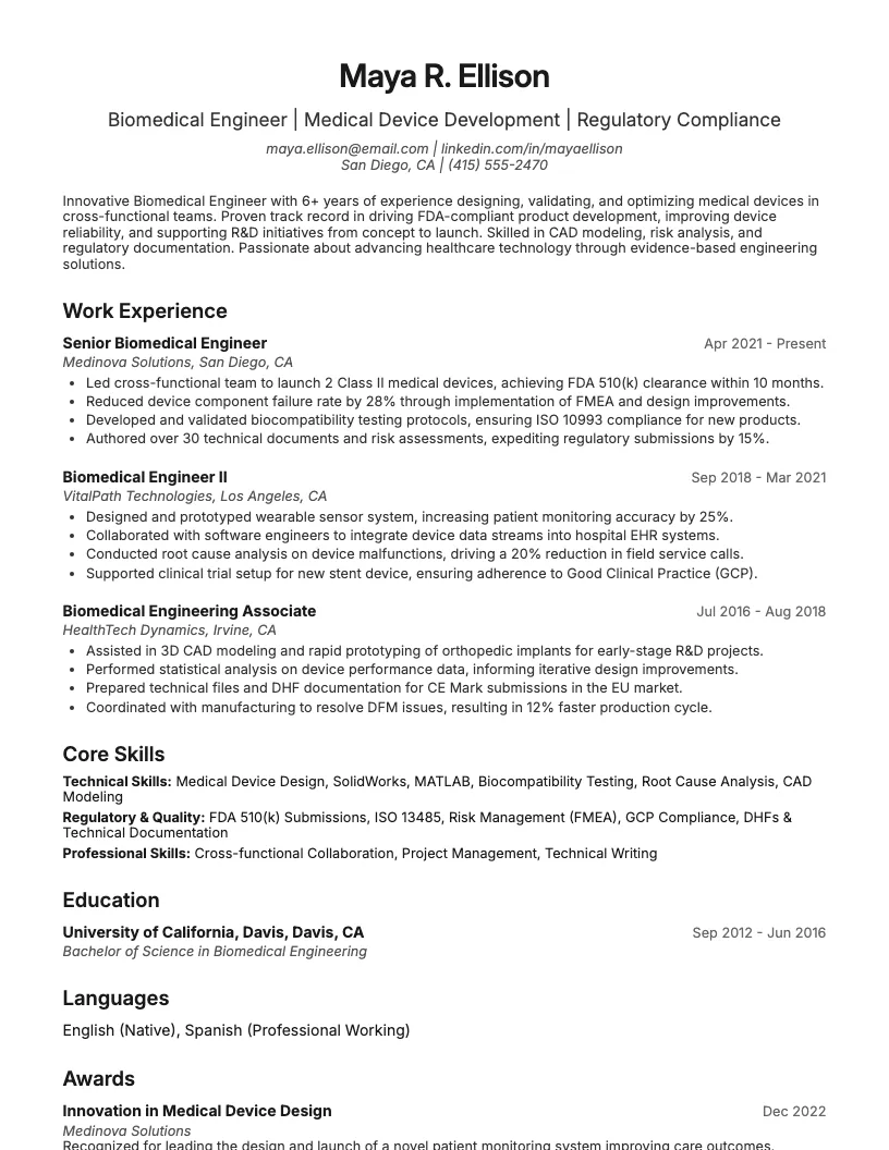 Biomedical Engineer Resume Example