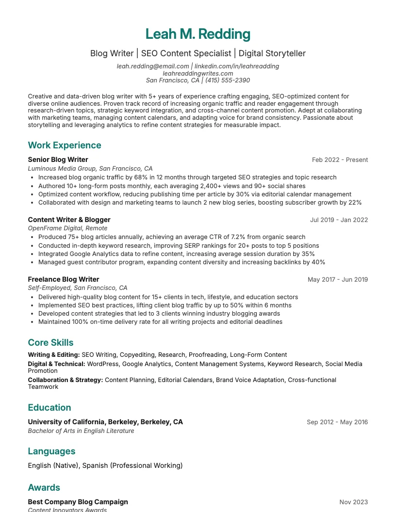 Feature Writer Resume Example