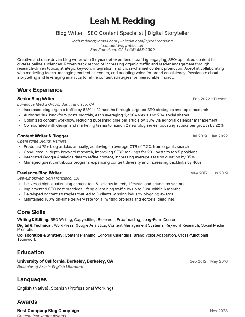 Blog Writer Resume Example