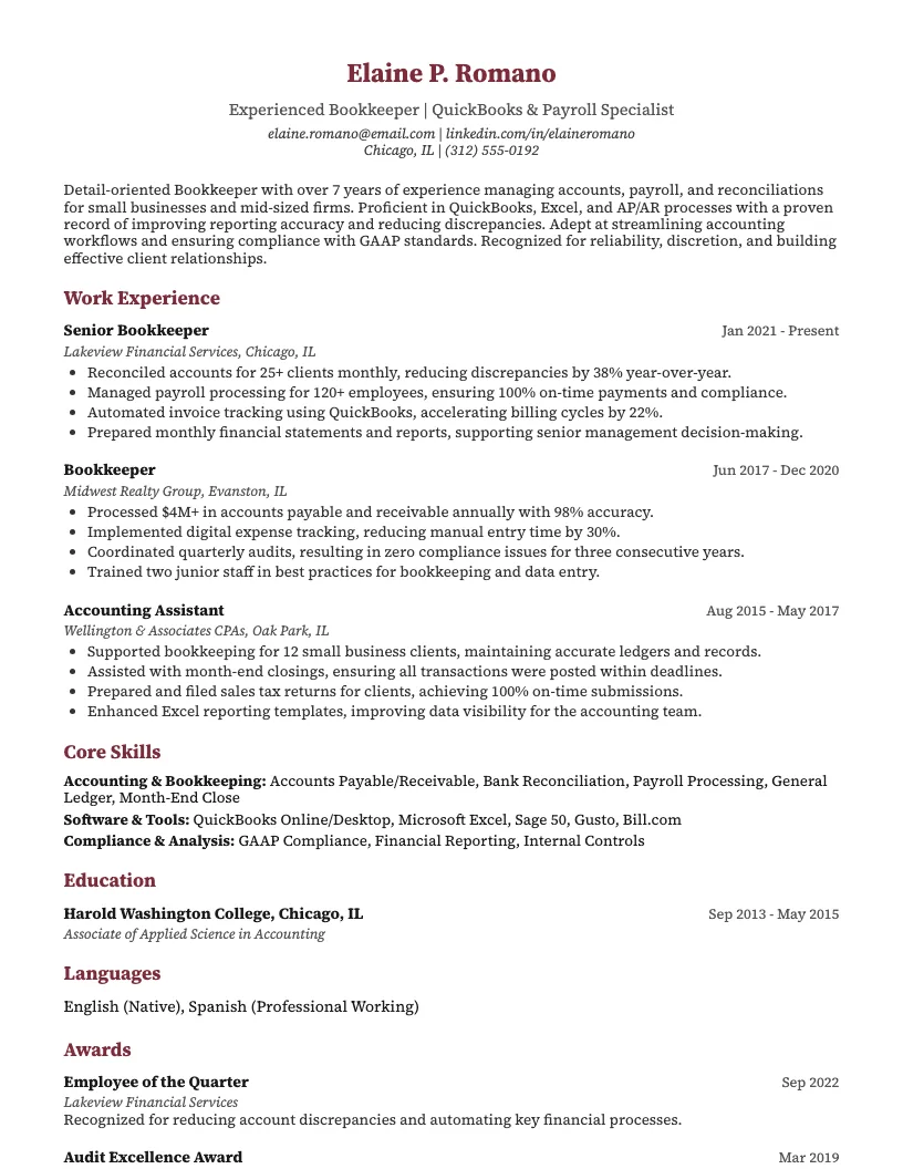 Bookkeeper Resume Example
