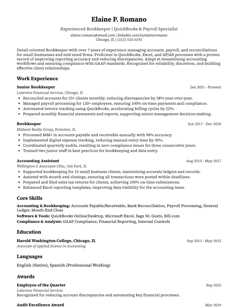 Bookkeeper Resume Example