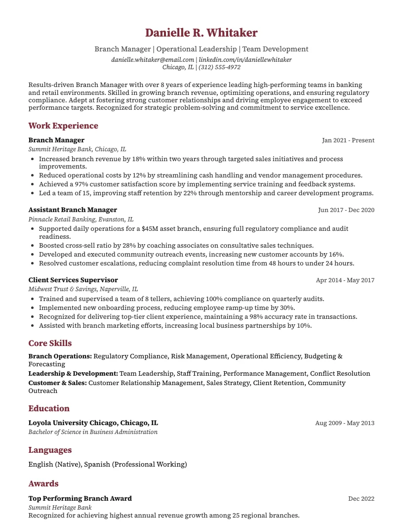 Branch Manager Resume Example