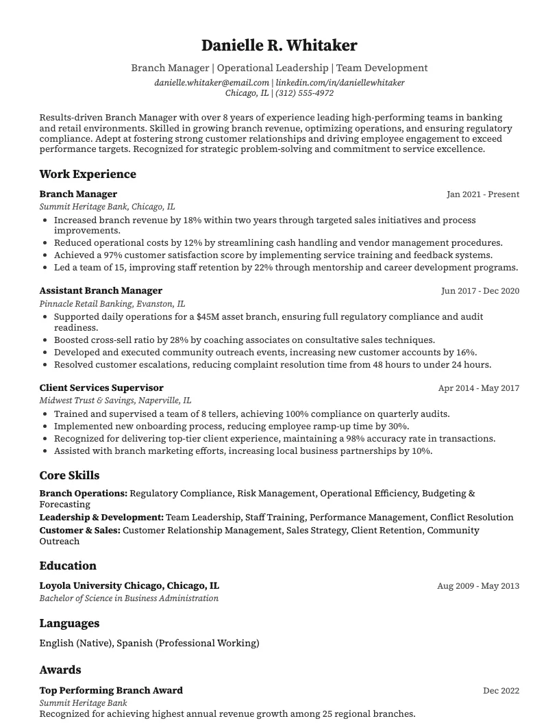 Branch Manager Resume Example