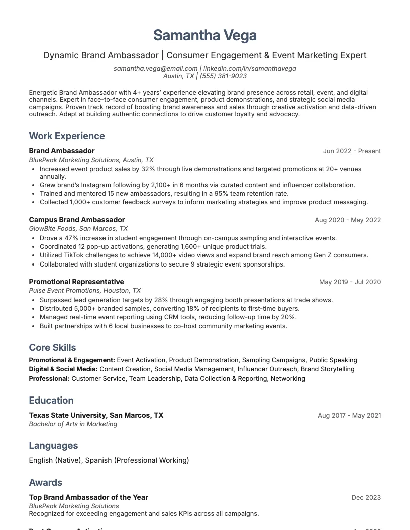 Campus Ambassador Resume Example