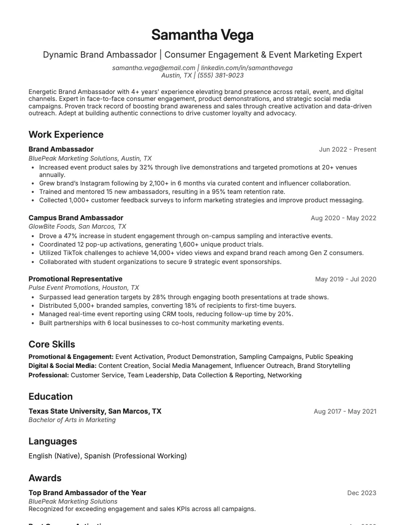 Brand Ambassador Resume Example