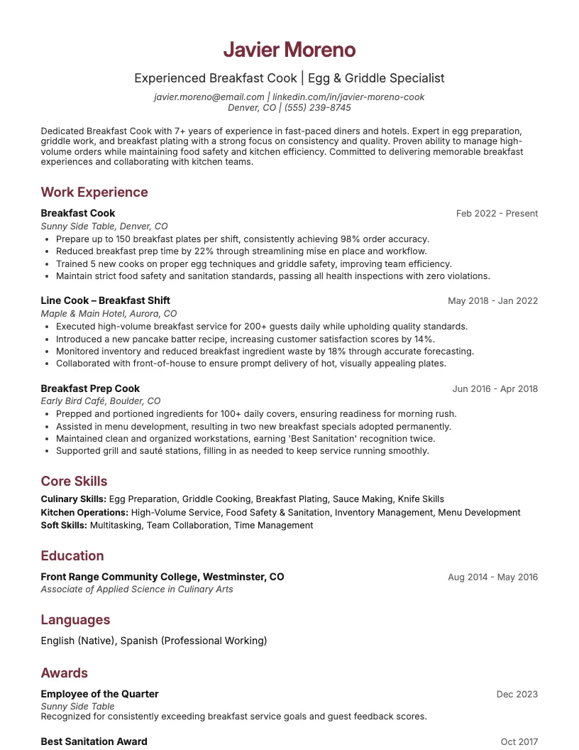 Breakfast Cook Resume Example