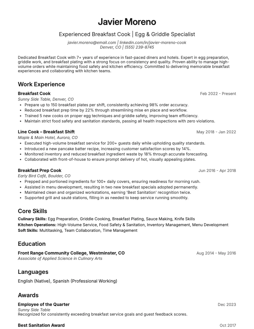 Breakfast Cook Resume Example