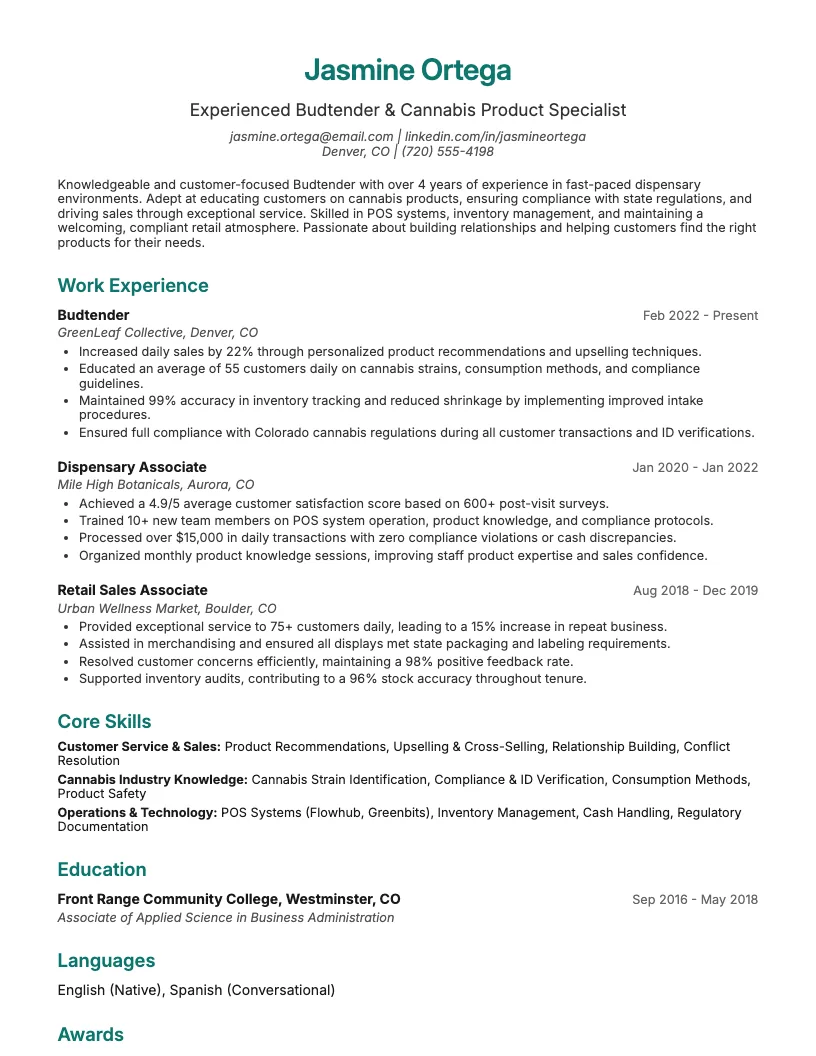 Cannabis Sales Associate Resume Example