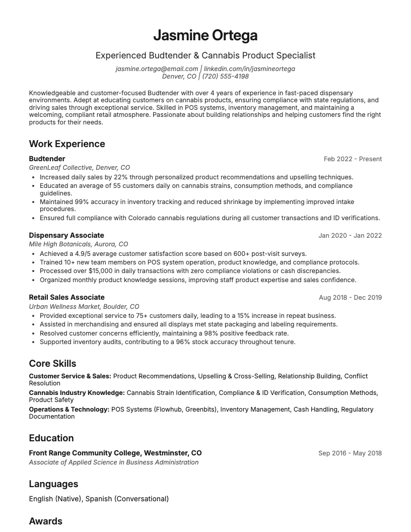 Budtender Resume Example