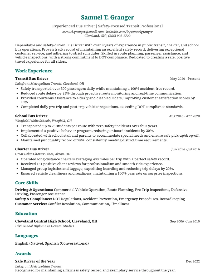 Bus Driver Resume Example