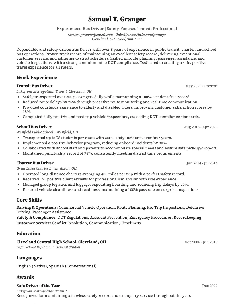 Bus Driver Resume Example