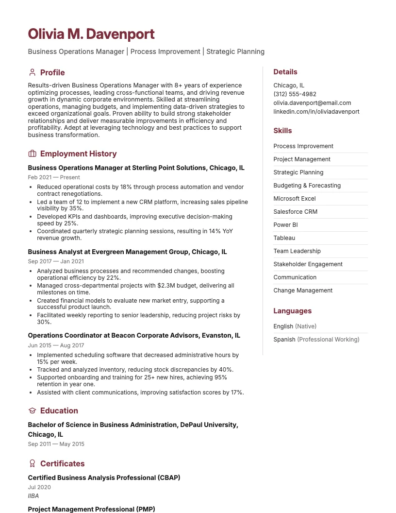 Business Consultant Resume Example