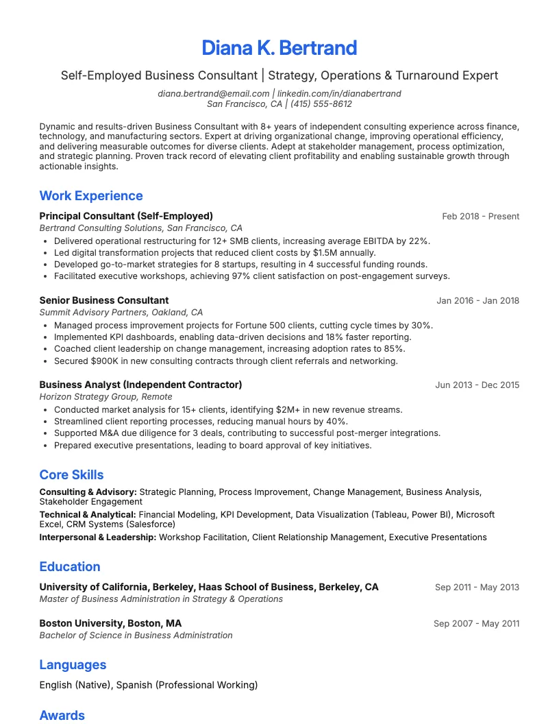 Business Consultant (Self-Employed) Resume Example