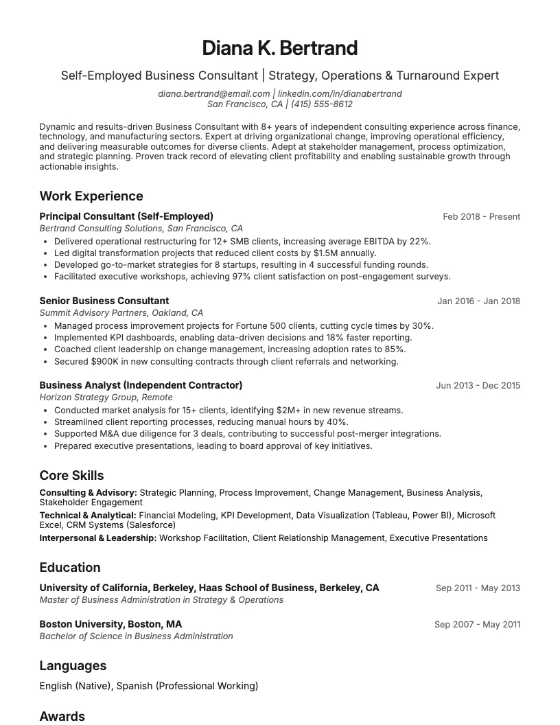 Business Consultant Self Employed Resume Example