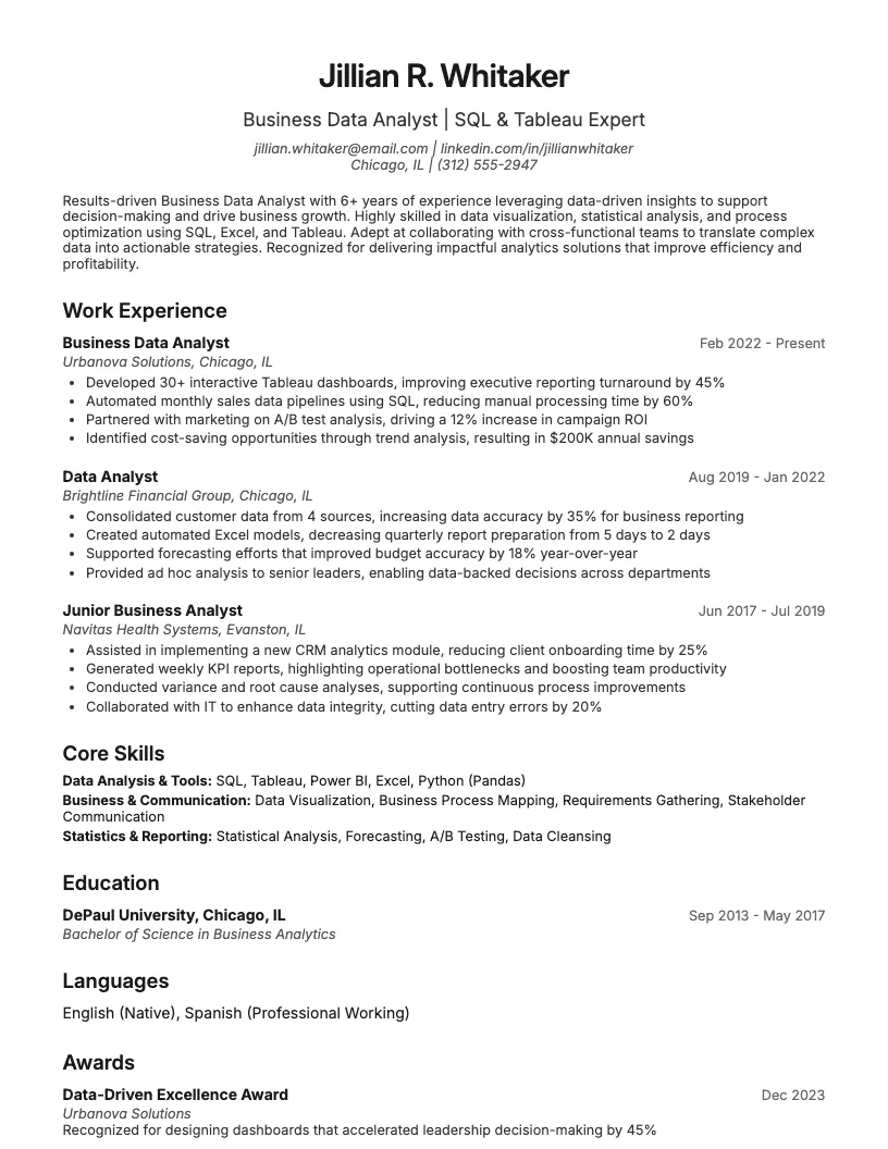 Business Data Analyst Resume Example