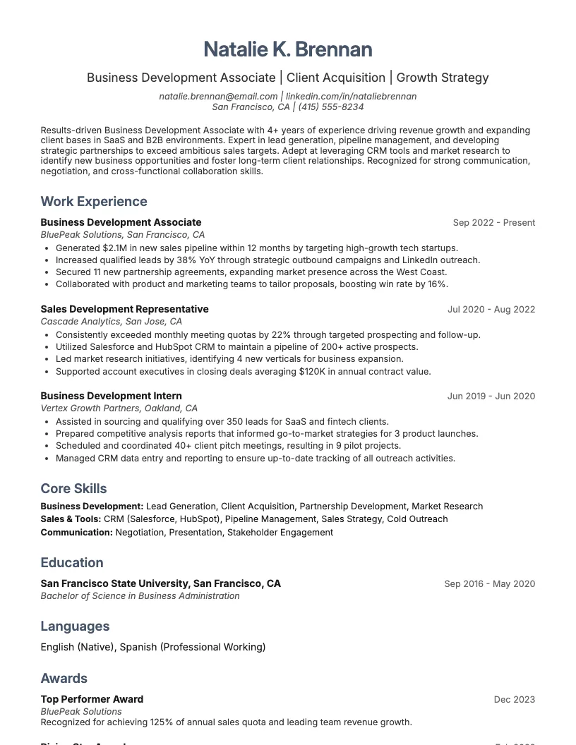Business Development Associate Resume Example