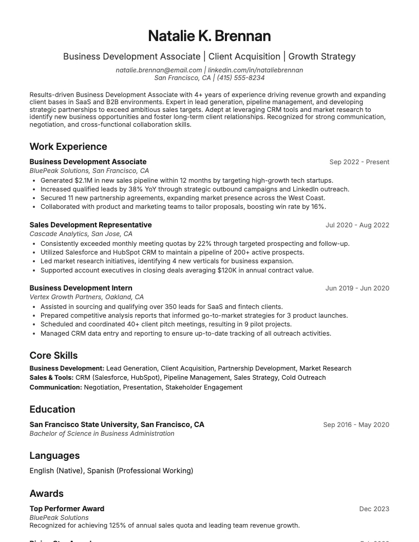 Business Development Associate Resume Example