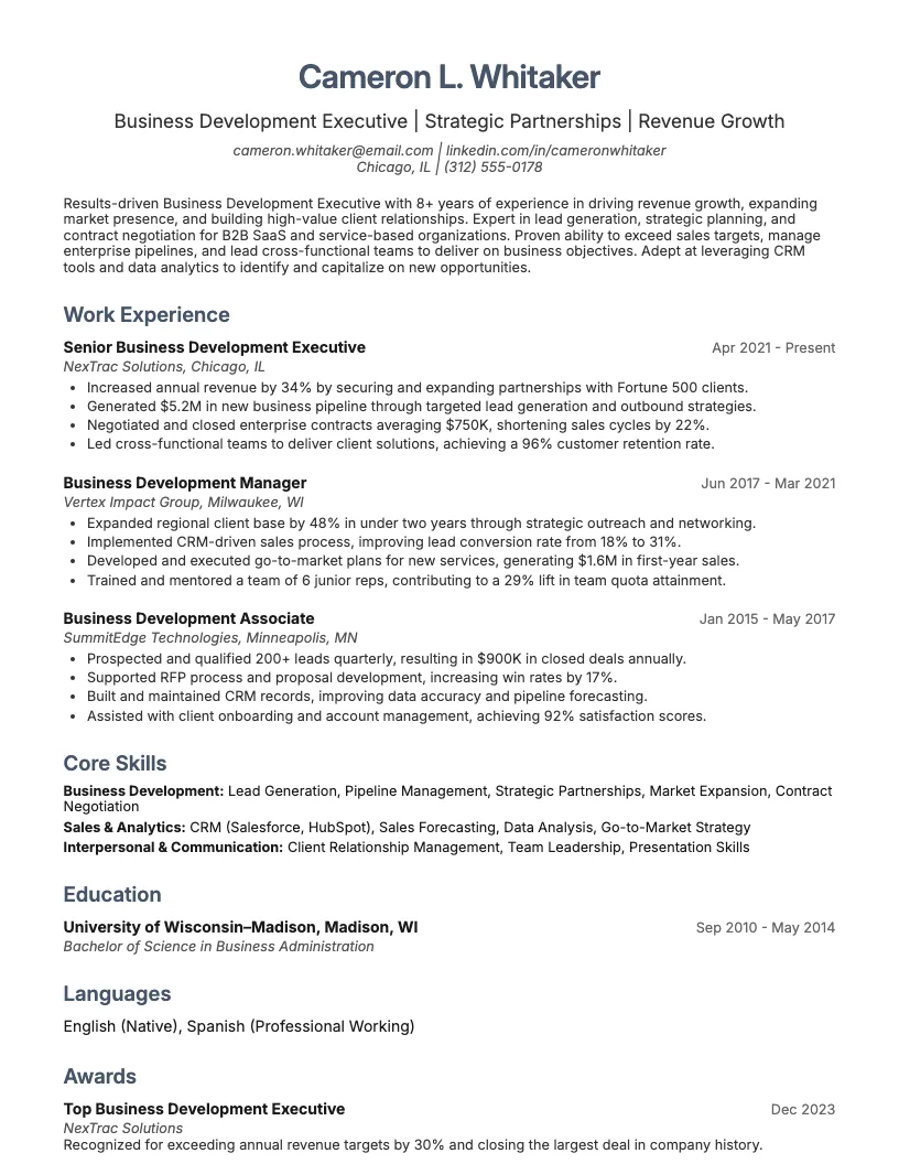 Regional Sales Executive Resume Example