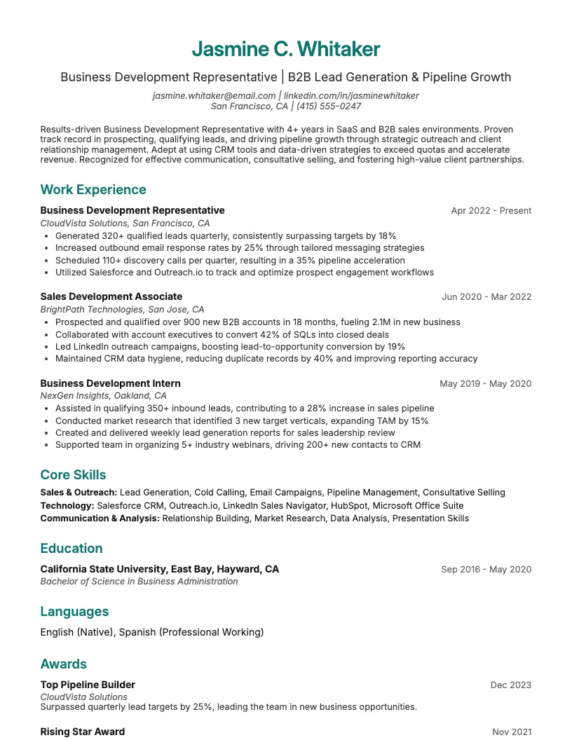 Business Development Representative Resume Example