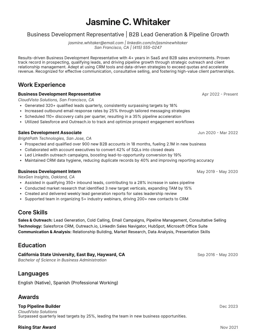 Business Development Representative Resume Example