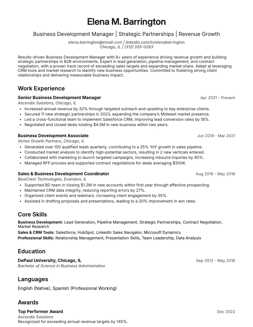 Business Development resume example