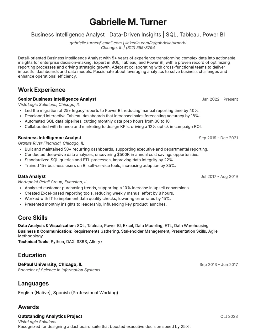 Entry Level Business Intelligence Analyst Resume Example