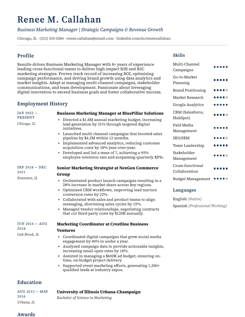 Business Marketing Manager Resume Example