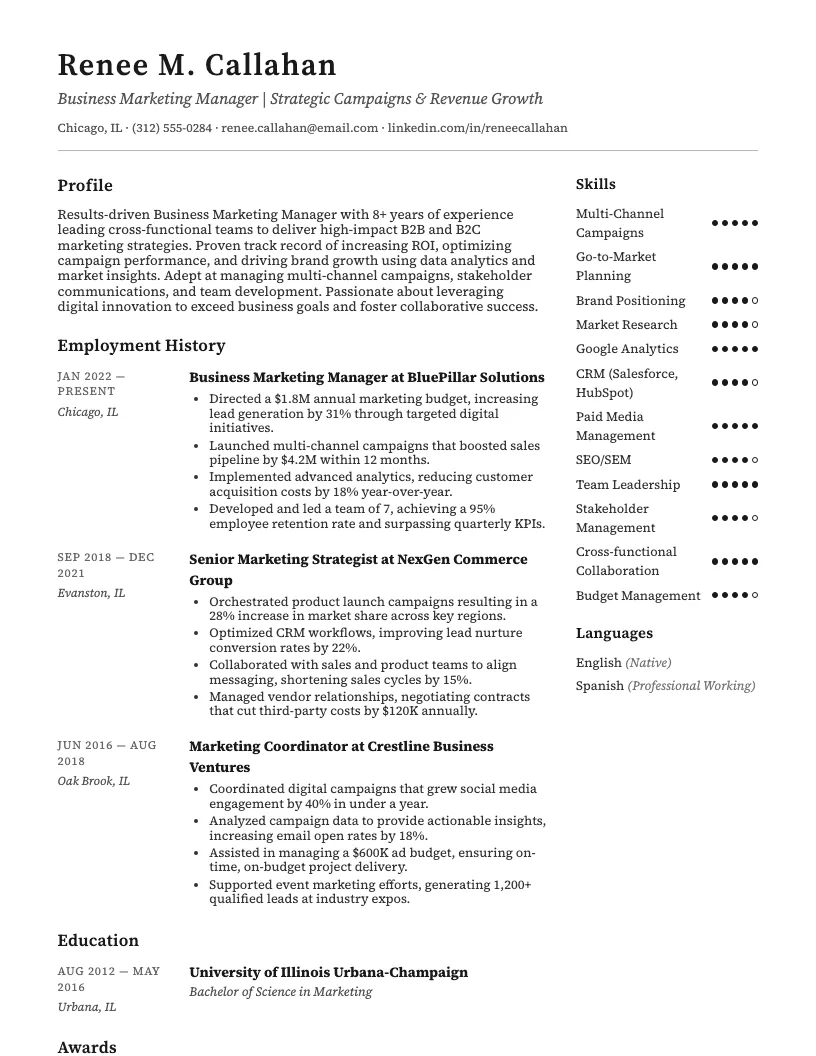 Business Marketing Manager Resume Example