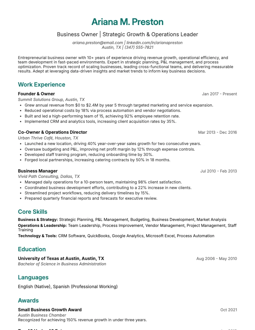 Small Business Owner Resume Example