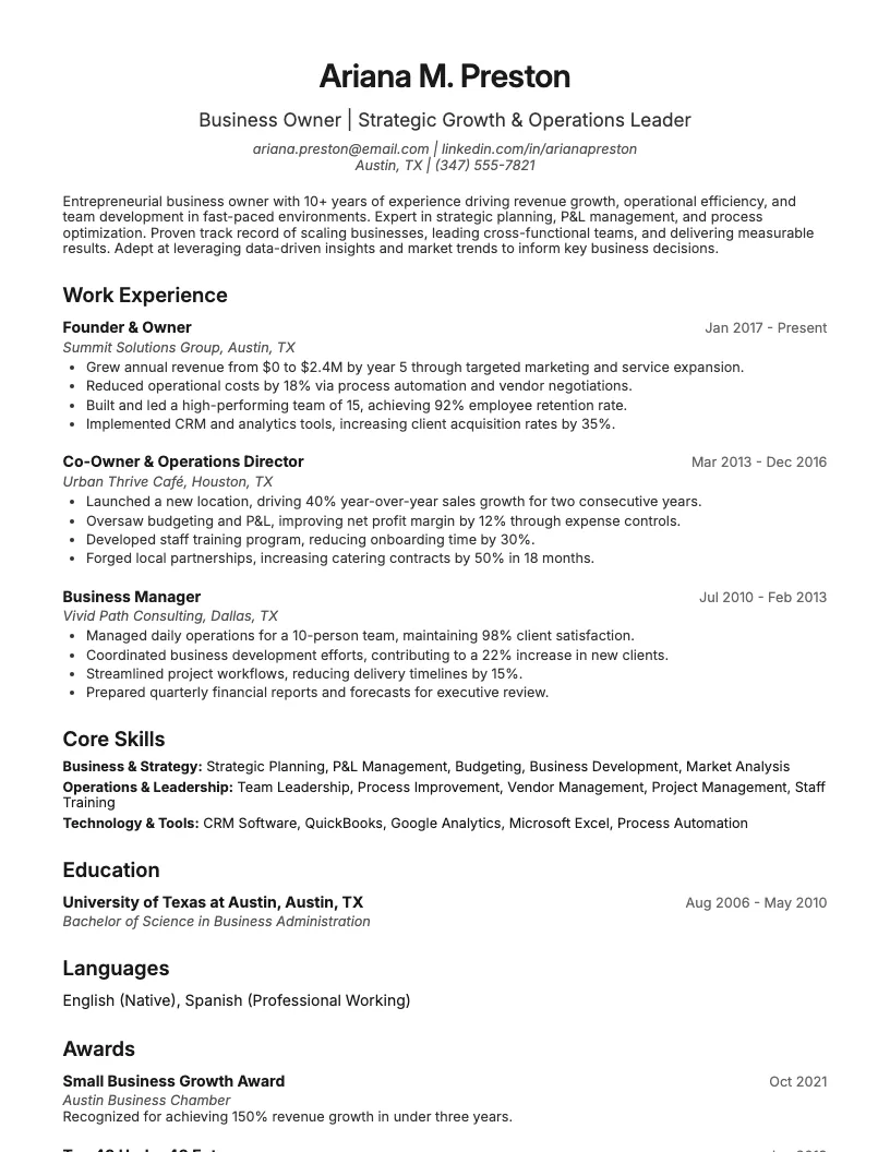 Business Owner Resume Example