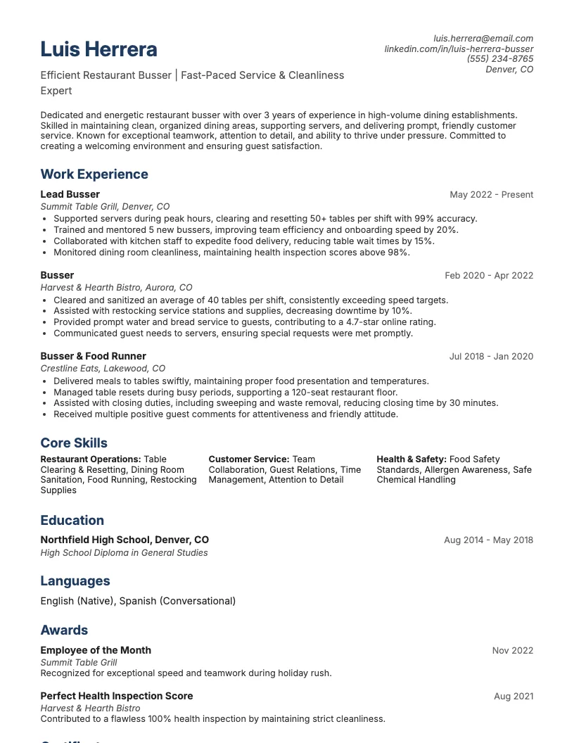 Dining Room Attendant Resume Example