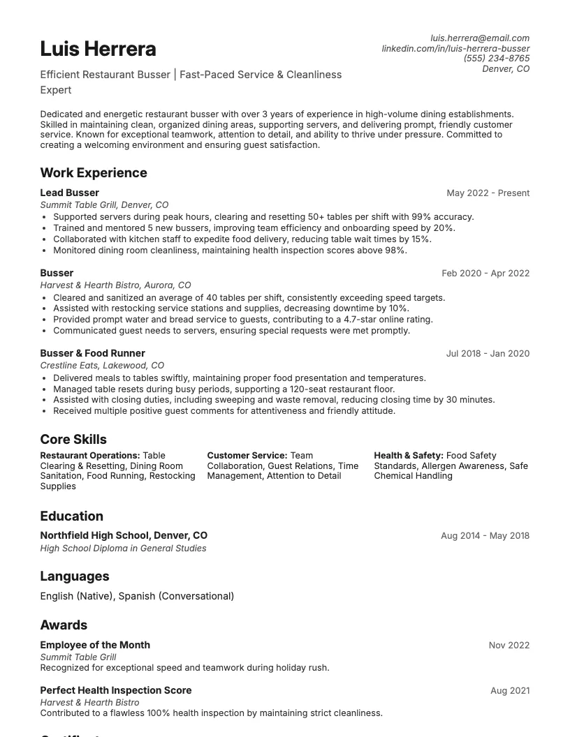 Busser Resume Example