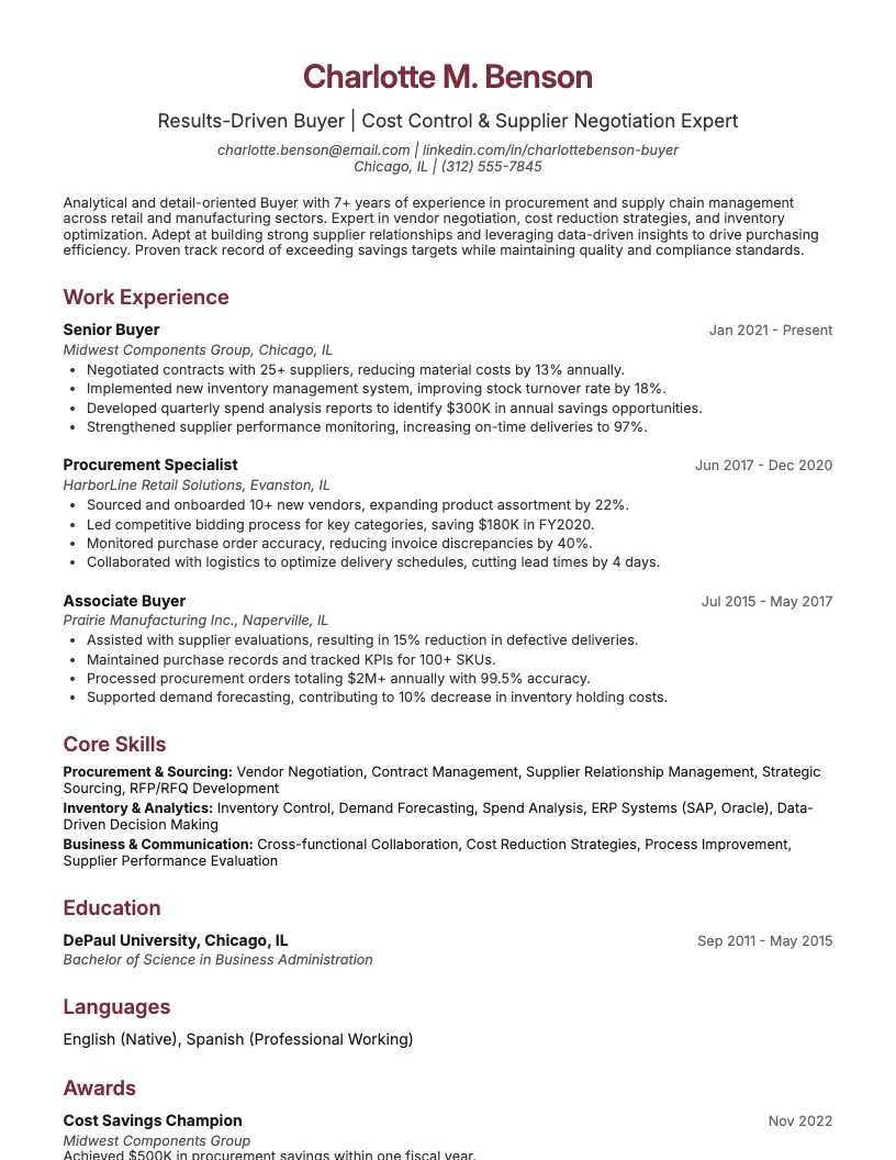 Purchasing Manager Resume Example