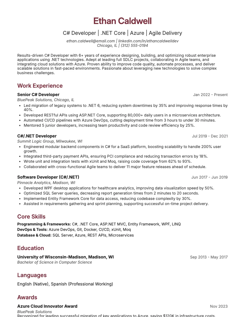 C# Developer Resume Example
