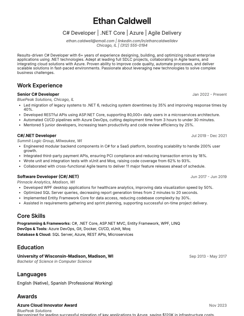 C Sharp Developer Resume Example