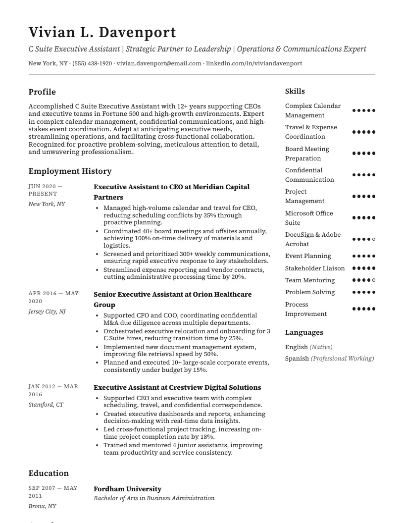 C-Suite Executive Assistant Resume Example