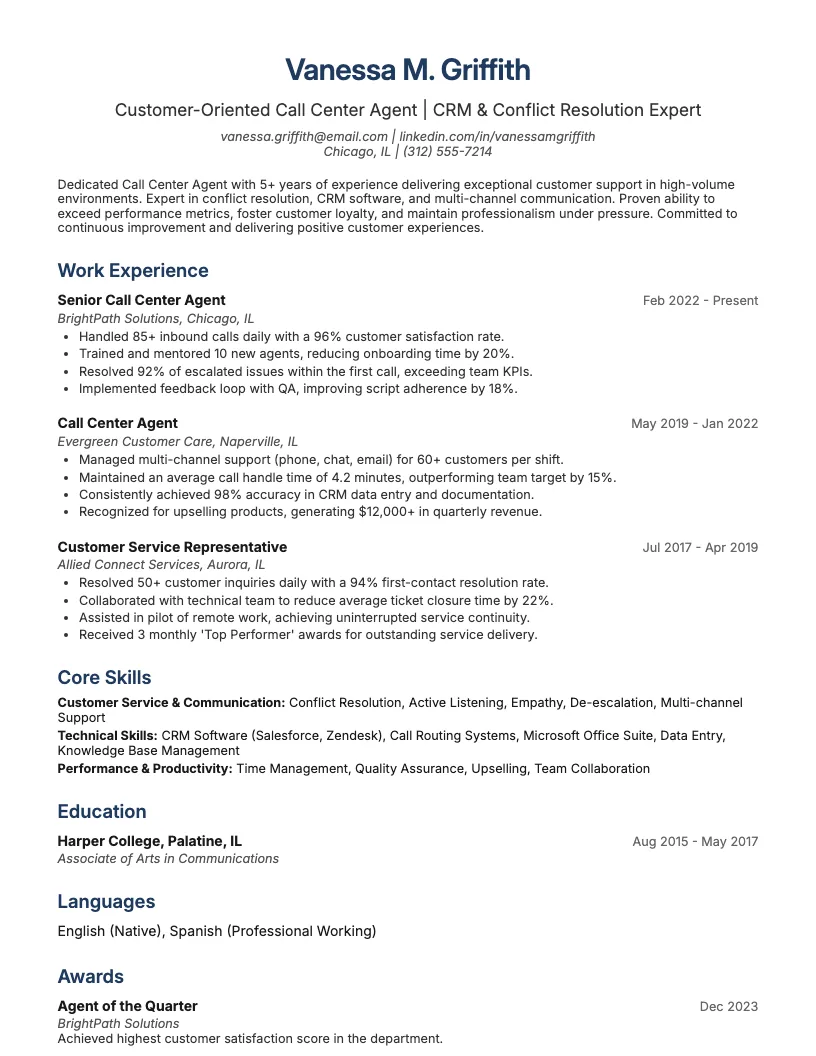 Call Center Agent Resume Example