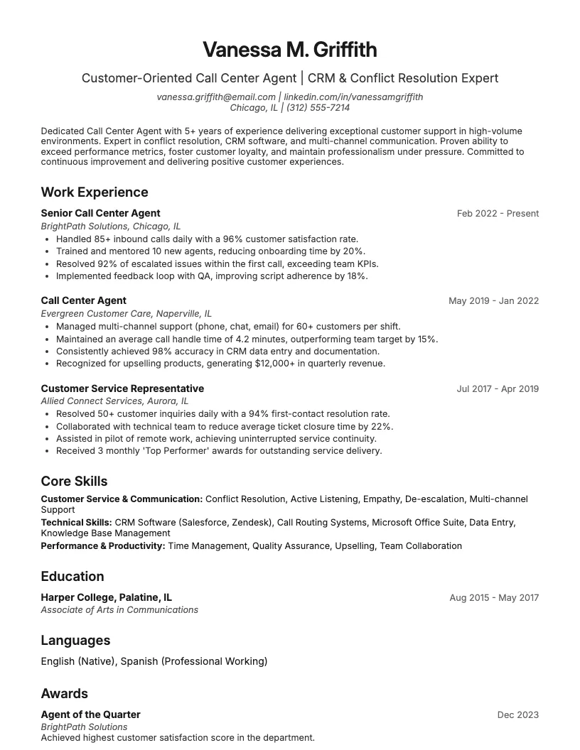 Call Center Representative Resume Example