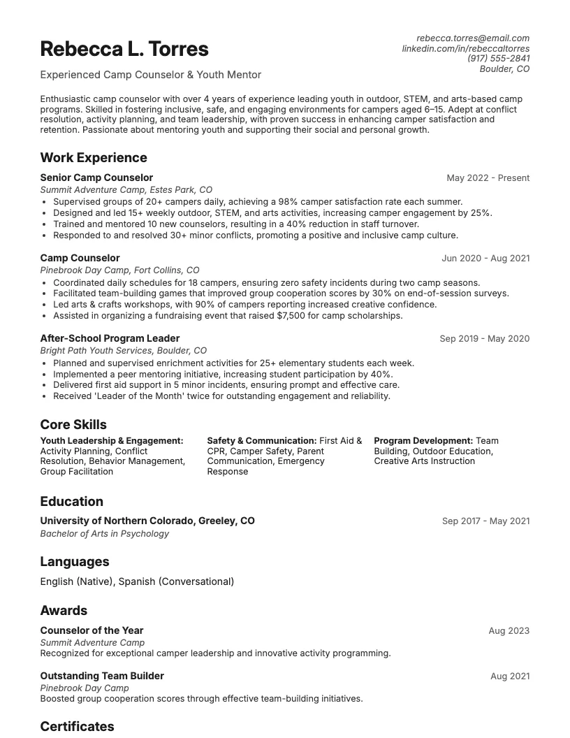 Youth Worker Resume Example