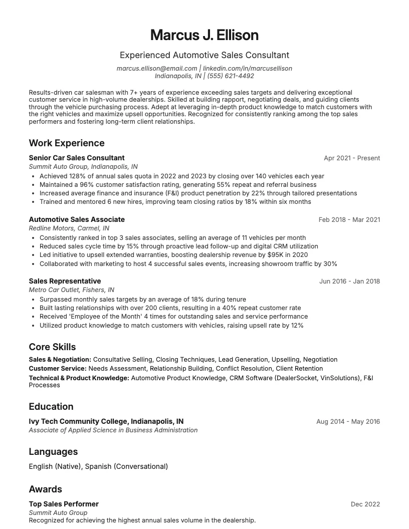 Car Salesman Resume Example