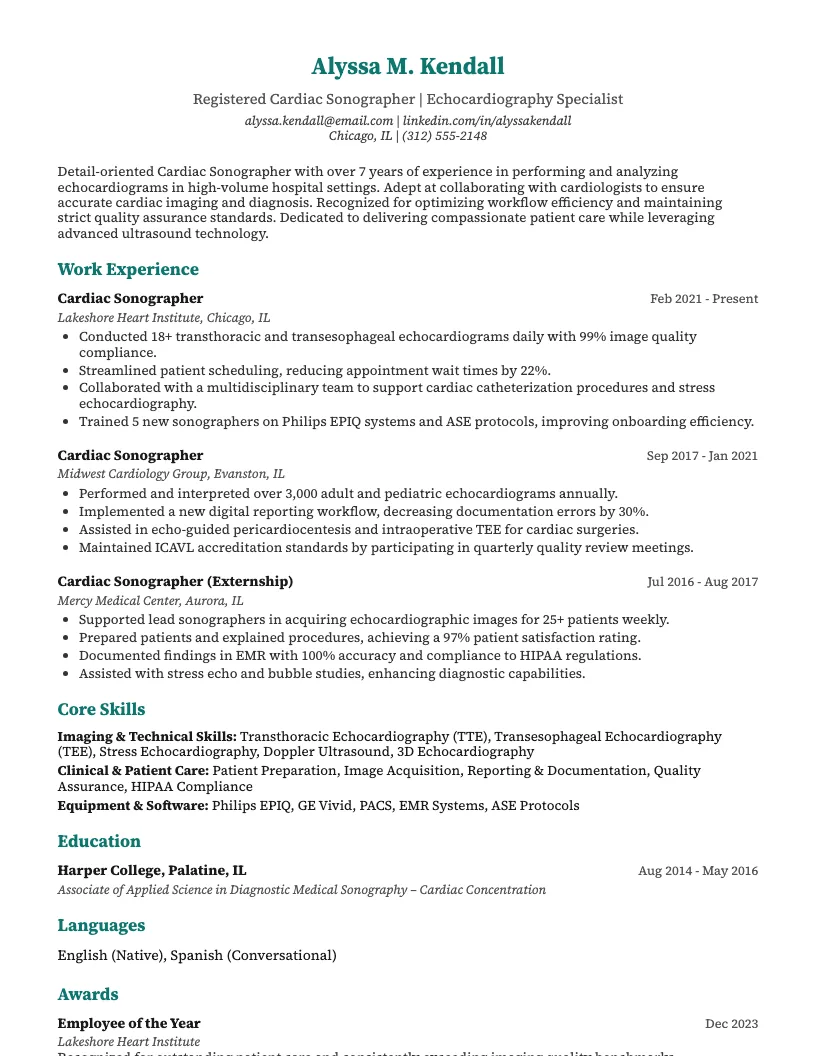 Cardiac Sonographer Resume Example