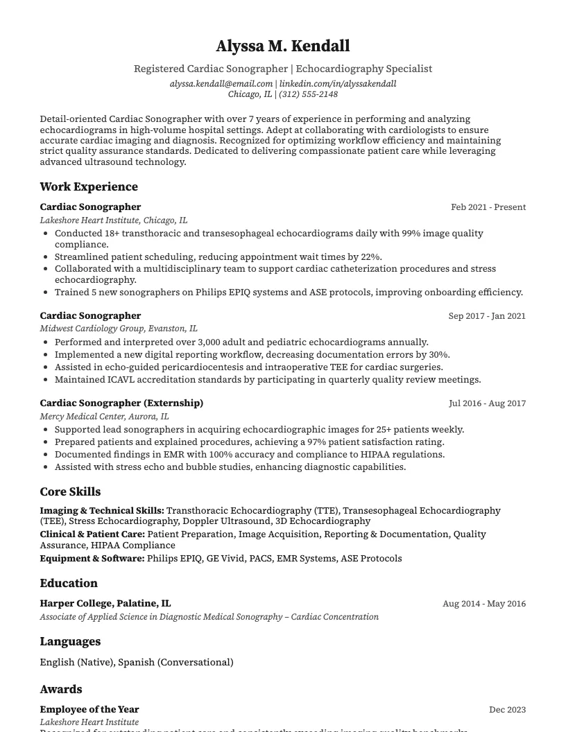 Cardiac Sonographer Resume Example