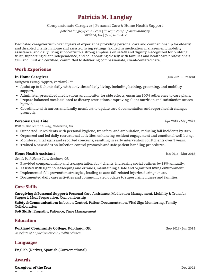 Caregiver Resume Example