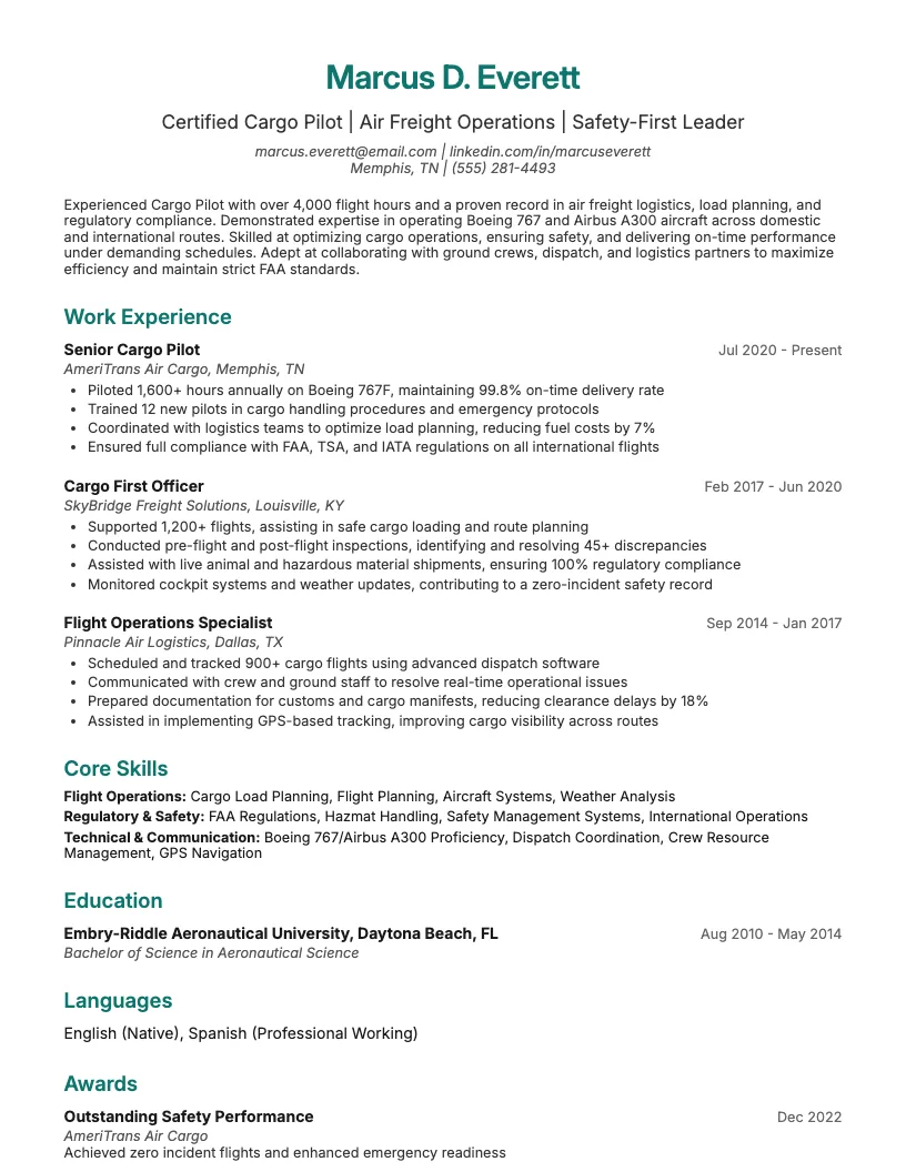 Cargo Pilot Resume Example