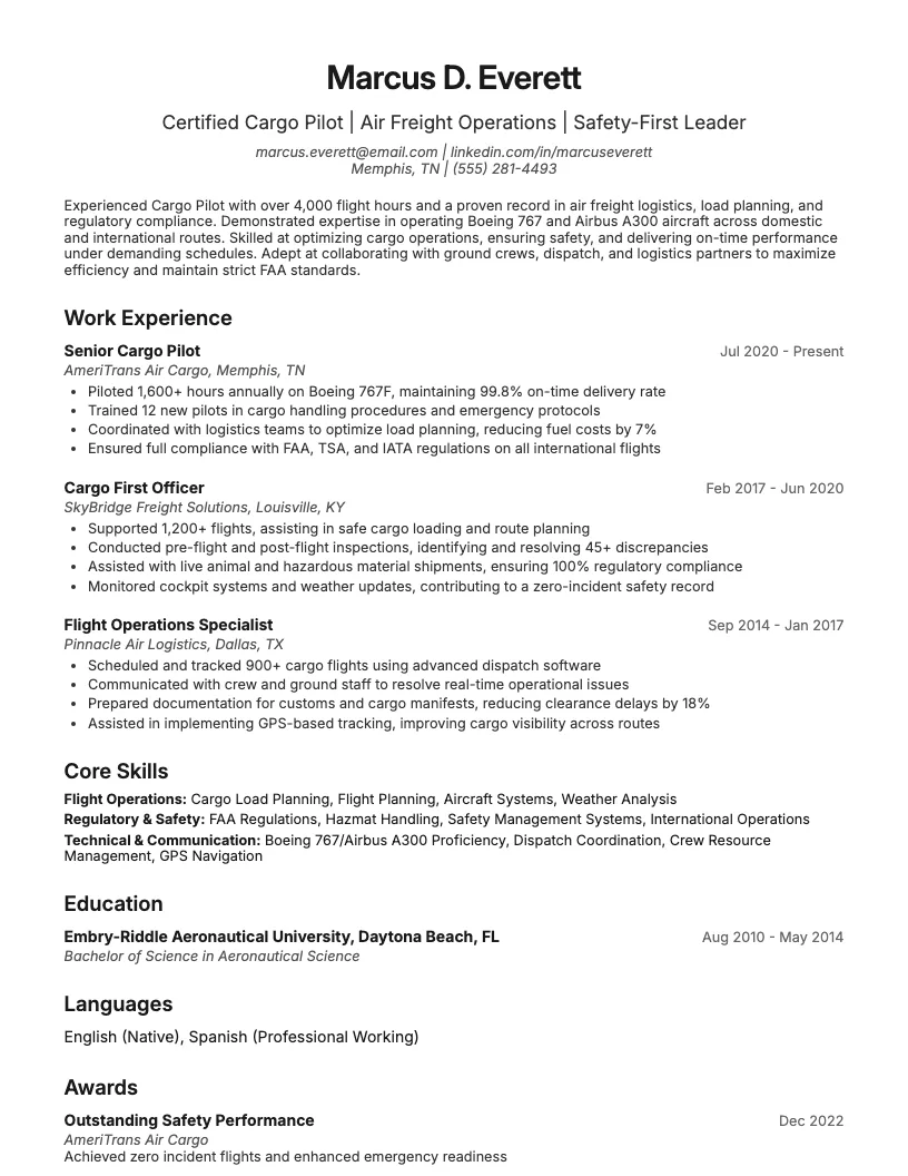 Cargo Pilot Resume Example
