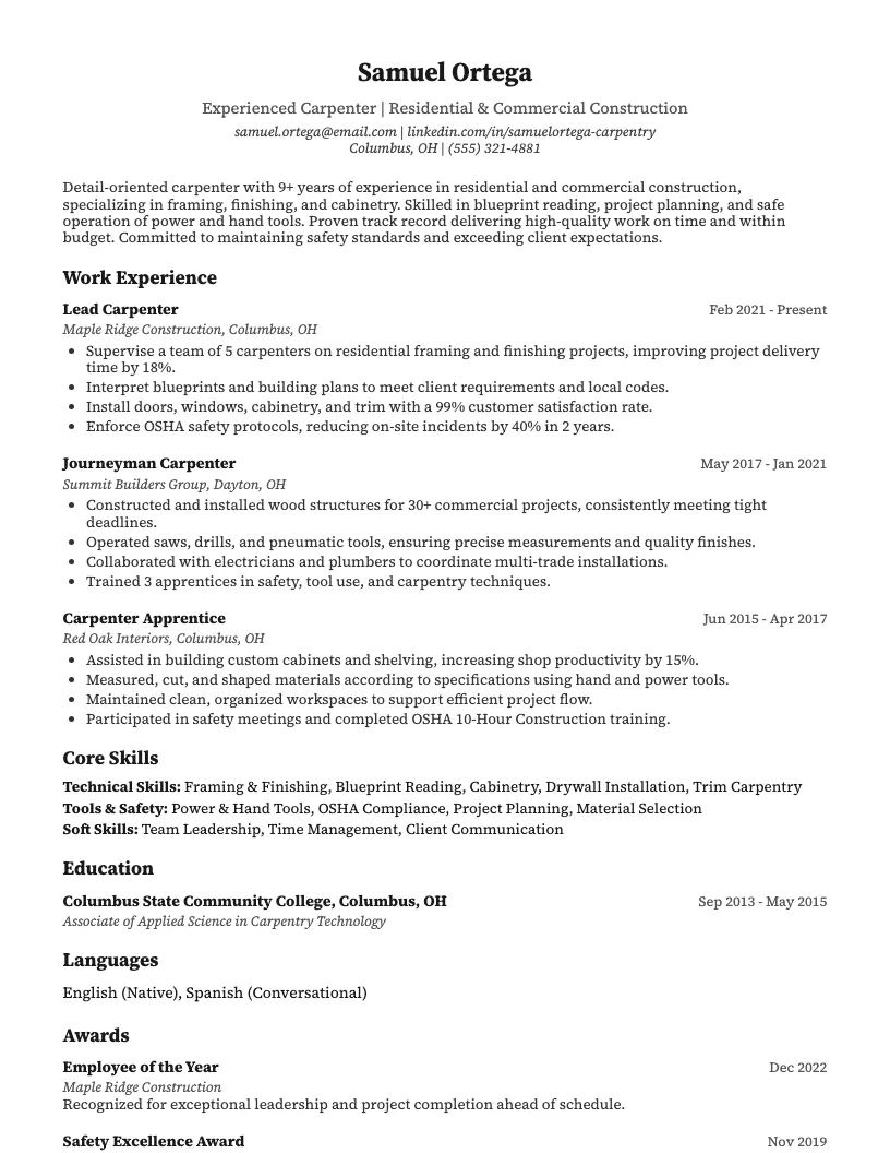 Carpenter Resume Example