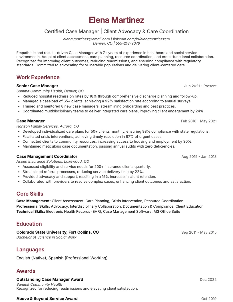 Case Manager Resume Example